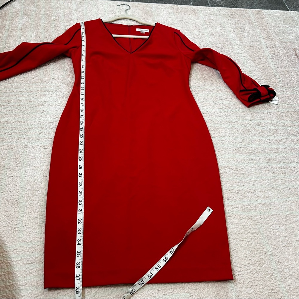 NWT Calvin Klein Red 3/4 Sleeve Sheath Midi Dress Bow Details Size 10 Holiday - Picture 11 of 14